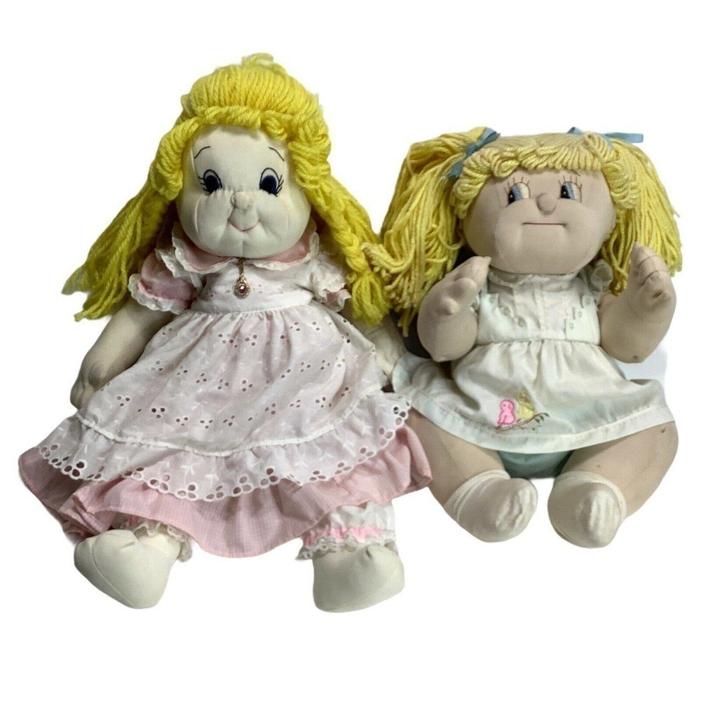 2 Vtg Handmade Cloth Rag Doll Dress Yarn Hair Blonde Braided 25 & 20 in Gift